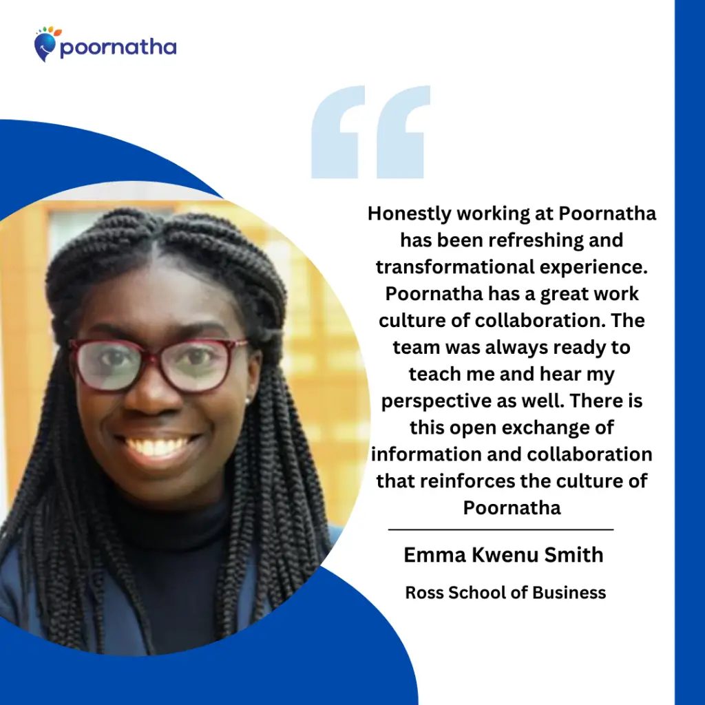 Honestly working at Poornatha has been refreshing and transformational experience. Poornatha has a great work culture of collaboration. The team was always ready to teach me and hear my perspective as well. There is this open exchange of information and collaboration that reinforces the culture of Poornatha